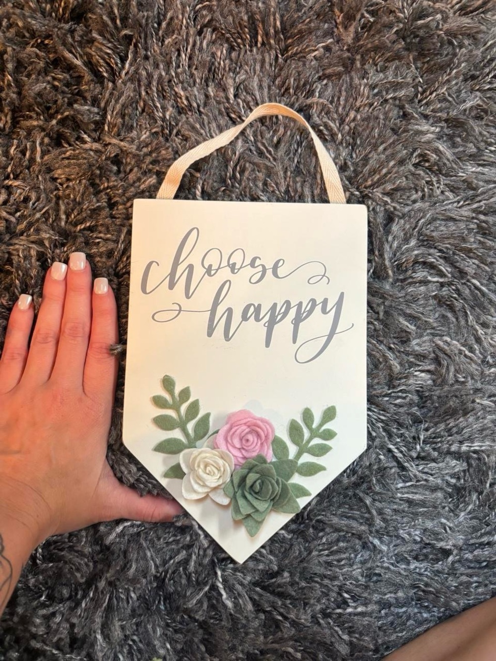 Choose Happy Wall Banner - White with Pink & Green Floral Accents